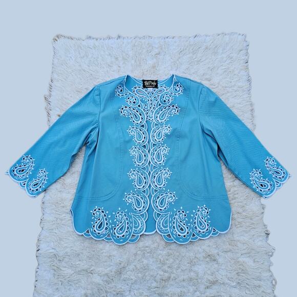Blue Embroidered Blazer Bob Mackie L Stretch Jacket White Paisley Scallop Edge - Picture 10 of 10